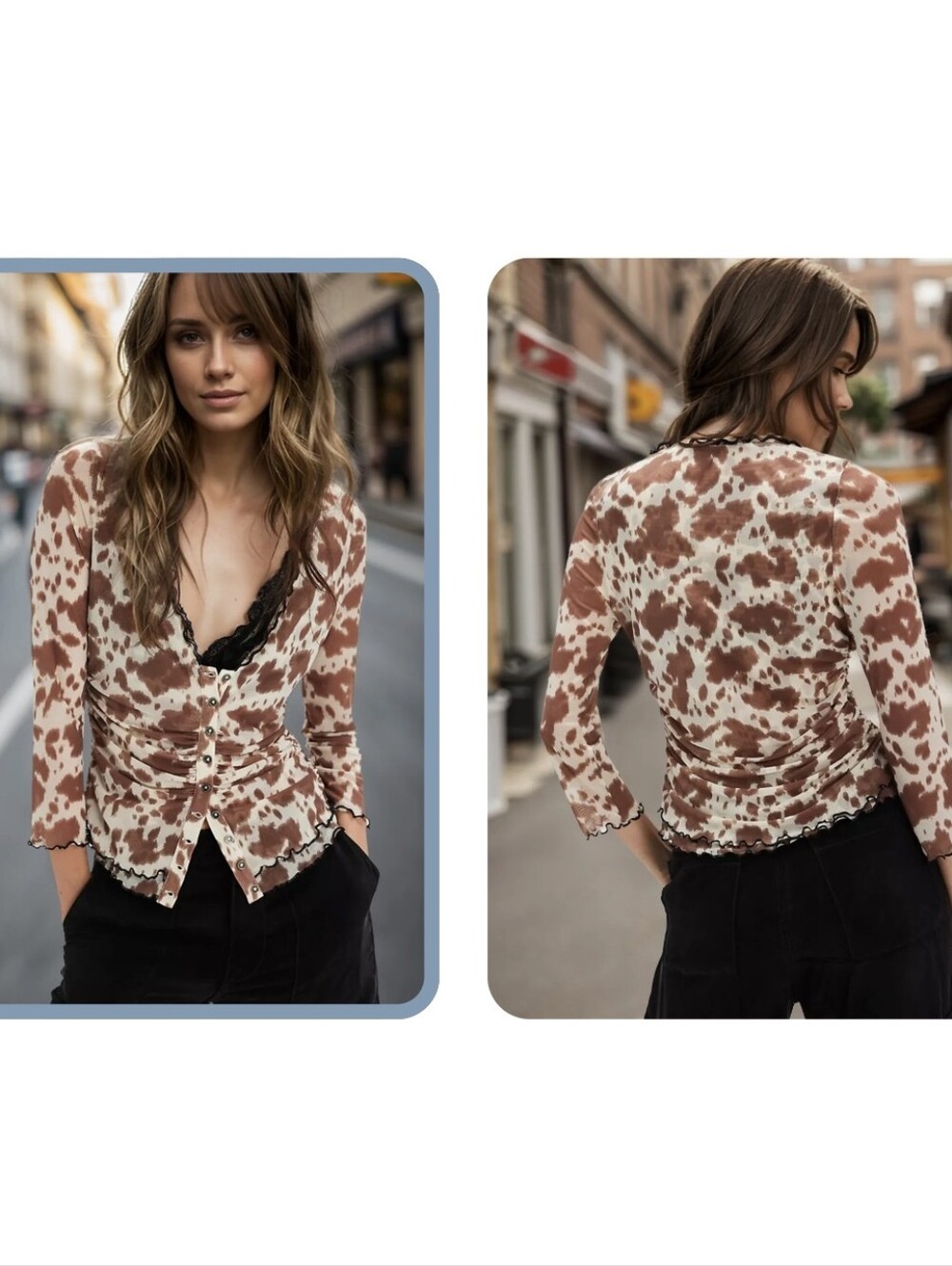 ♡♡♡  Oh Chic Brown Cow Patterned Women's Top Sz Large
